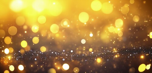 An abstract background featuring de-focused glittering yellow and silver lights, softly glowing against a deep ochre backdrop.