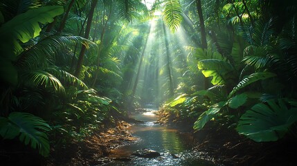 Fototapeta premium A stream of water flows through a lush, tropical jungle, illuminated by shafts of sunlight breaking through the dense foliage.
