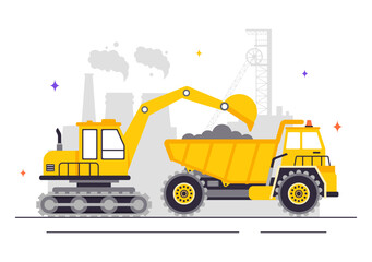 Mining Company Vector Illustration Featuring Heavy Yellow Dumper Trucks for Industrial Sand Mining Process or Transportation in a Flat Background