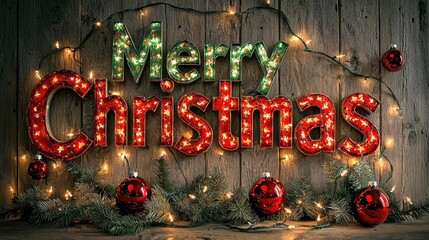 Bright, festive "Merry Christmas" text in bold red and green letters, surrounded by sparkling fairy lights, pine branches, and red ornaments on a rustic wooden background