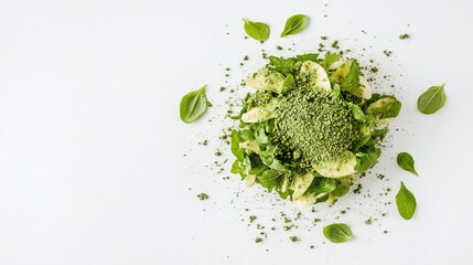 A fresh and vibrant salad topped with a delicate sprinkling of matcha, showcasing a medley of colorful vegetables and greens. This healthy dish features crisp lettuce, juicy tomatoes,