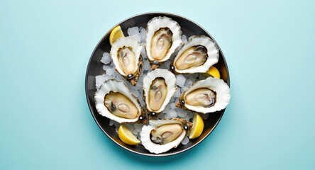 A platter of fresh oysters with lemon wedges and ice