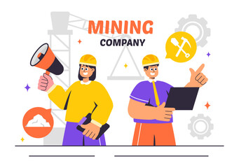 Mining Company Vector Illustration Featuring Heavy Yellow Dumper Trucks for Industrial Sand Mining Process or Transportation in a Flat Background