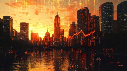 City Skyline with Orange and Red Digital Code and a Rising Stock Market Graph at Sunset