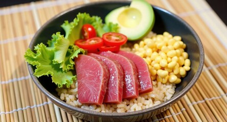 A vibrant poke bowl with tuna, avocado, and fresh vegetables
