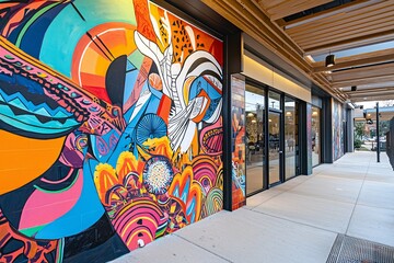A vibrant mural featuring intricate patterns and vivid hues on a bright backdrop, celebrating creativity in city environments.