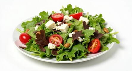 A vibrant salad with mixed greens, cherry tomatoes