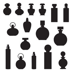 A black vector set of glass bottle icons and silhouettes includes perfume, wine, and other liquid containers