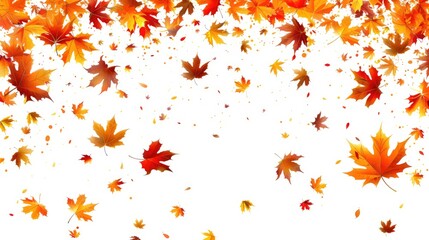 Autumn maple leaves banner with falling colorful foliage on white background.