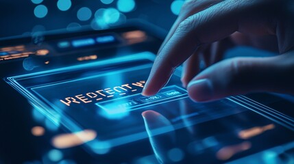 Capture your enthusiasm for innovation with a close-up of a hand engaging with a futuristic digital signup interface.