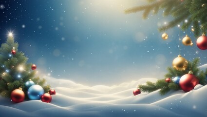 Fototapeta premium A christmas background with snow, blue sky and copy space for text