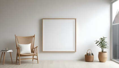 A white square frame hanging on a white wall, with a wooden chair and some decorative objects on the floor in front of it.