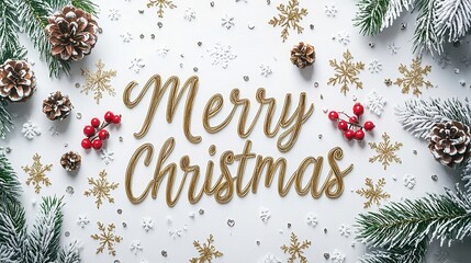 Elegant "Merry Christmas" written in gold calligraphy on a snowy white background, with festive details like pine cones, holly berries, and shimmering snowflakes around the text