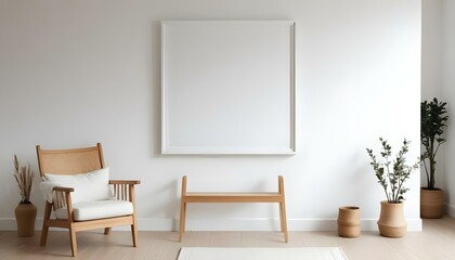 A white square frame hanging on a white wall, with a wooden chair and some decorative objects on the floor in front of it.