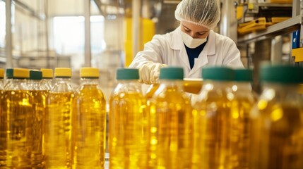 A woman in a lab coat is working with bottles of oil