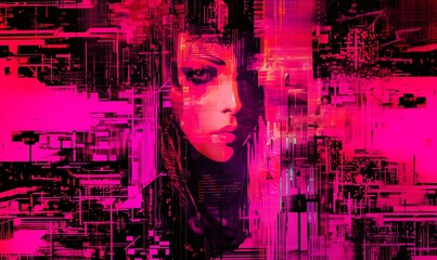 A vibrant digital portrait of a woman amid glitchy graphics in striking pink hues, showcasing futuristic art aesthetics