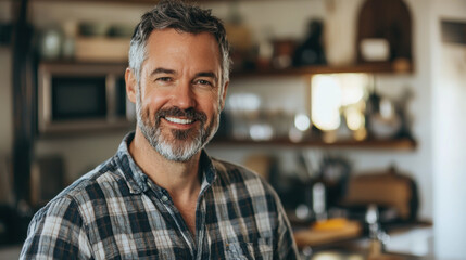 Portrait of a smiling middle-aged man with a beard, wearing a plaid shirt, standing in a cozy kitchen, looking directly at the camera