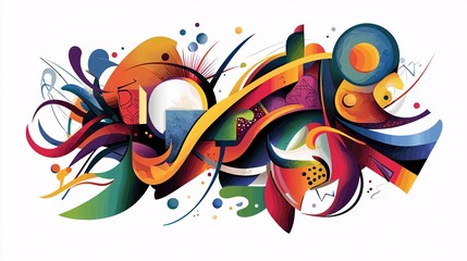 Fototapeta premium Colorful abstract illustration featuring diverse shapes and lines on a white backdrop.