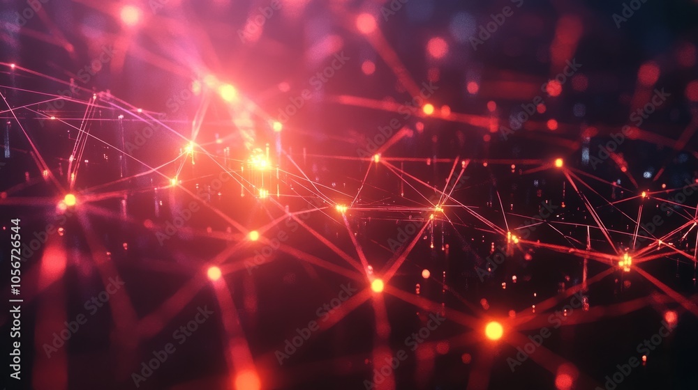 Poster A red and black image of a network of lines and dots