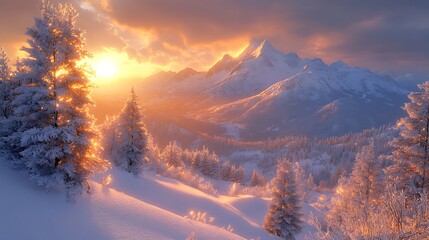 A stunning sunrise over snow-capped mountains and a pristine winter forest.