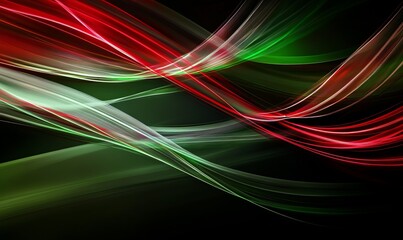 Abstract digital artwork featuring vibrant red and green light strands against a dark background, creating a dynamic visual effect.