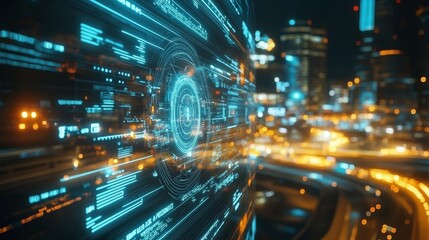 Abstract Digital Interface Over Blurred City Lights at Night