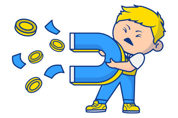 The man is attracting money using a big magnet