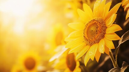 Obraz premium A single sunflower with dew drops on its bright yellow petals, captured in the morning light