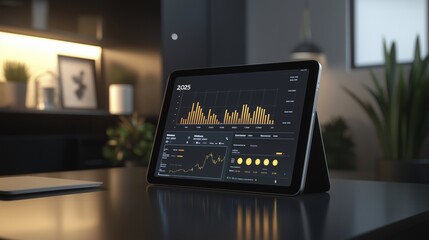 A sleek tablet displays financial analytics charts in a modern workspace with indoor plants during evening hours
