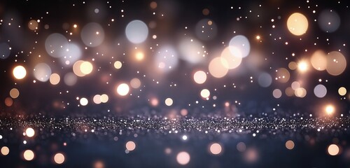 Obraz premium An abstract background featuring de-focused glittering rose gold and silver lights, softly glowing against a deep charcoal backdrop. 