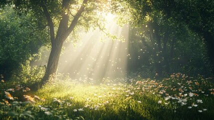 Obraz premium Sunbeams Illuminating a Forest Meadow with Daisies