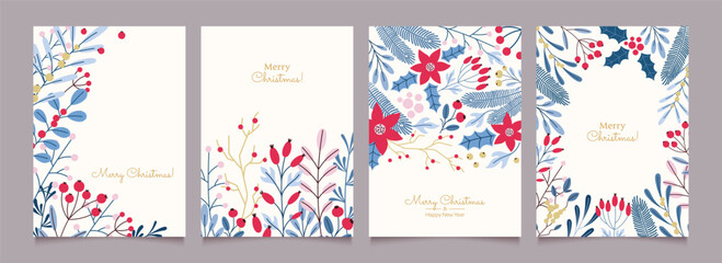 Fototapeta premium Merry Christmas and Happy New Year set of greeting cards, posters, holiday backgrounds. Minimalist hand drawn berries, branches and leaves. Vector illustration.