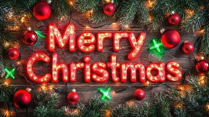Bright, festive "Merry Christmas" text in bold red and green letters, surrounded by sparkling fairy lights, pine branches, and red ornaments on a rustic wooden background
