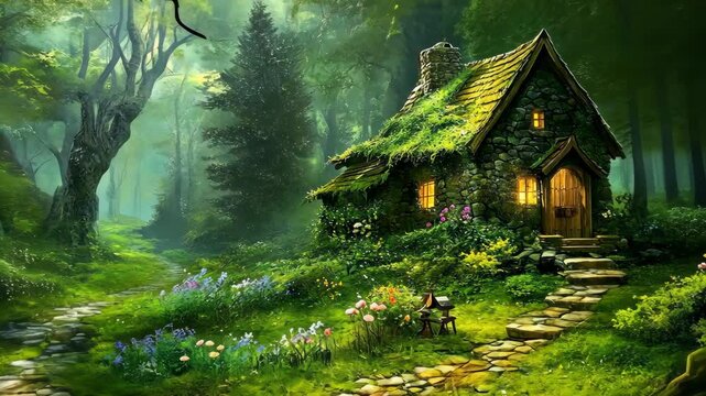 A stone cottage nestled in a lush green forest, bathed in the soft glow of twilight
