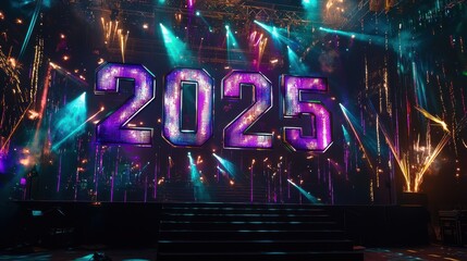 Modern "2025" displayed in large, metallic letters on a dark stage, with laser lights and colorful spotlights highlighting the text, creating a high-energy New Years Eve vibe