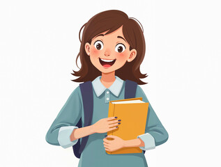 Illustration of a happy schoolgirl holding a book and smiling.