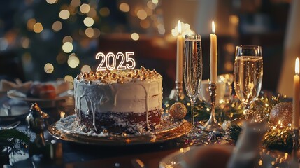 Festive New Years table setup with a "2025" cake topper, champagne glasses, confetti, and sparkly decorations, creating a warm and celebratory holiday atmosphere with the text as a focal point