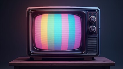 A vintage television set with a colorful test pattern displayed on the screen, bathed in a nostalgic glow.