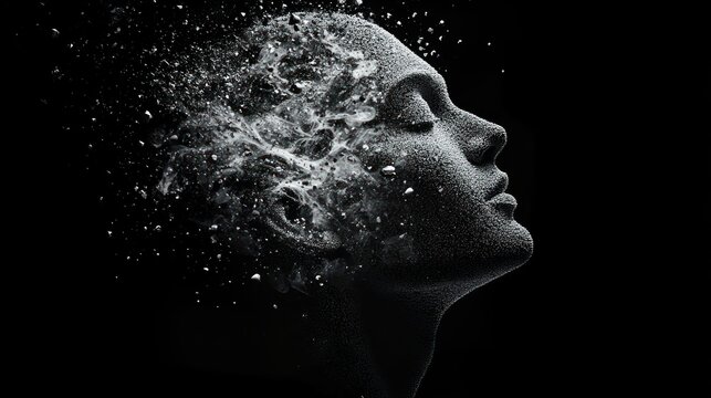 Vector human or artificial head dispersion effect and disintegrating into particles on black background. 3D polygonal illustration