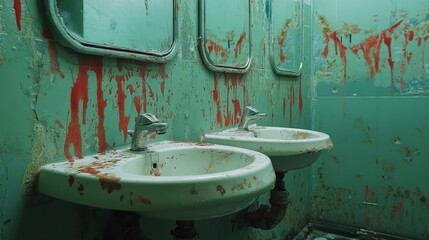 Two Sinks in a Decaying Bathroom with Red Stains