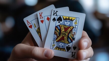 A hand holds three playing cards: the Ace of Hearts, the King of Diamonds, and the King of Spades. The cards are held close to the camera, creating a sense of mystery and anticipation.