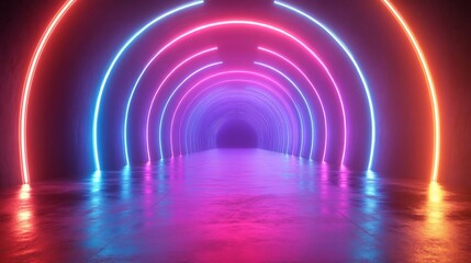 Obraz premium Neon Light Tunnel with Colorful Arcs and Reflections