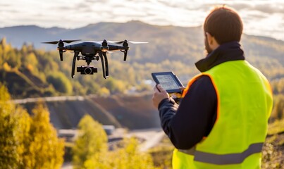 Aerial Photography: A drone operator capturing aerial images of a dramatic landscape, highlighting modern technology's role in working at heights