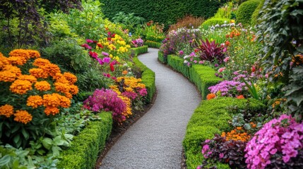 Obraz premium A charming garden path with beds of colorful flowers and neatly trimmed hedges
