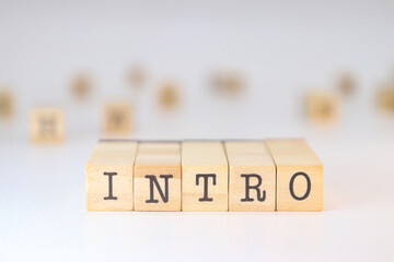 The word intro written on wooden cubes isolated on white background with copy space for text.