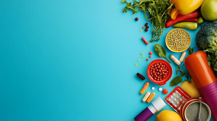 Colorful Healthy Lifestyle Composition with Fresh Vegetables, Supplements, and Smoothie Ingredients for National Staying Healthy Month