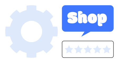 Gear symbol, blue speech bubble with text Shop, and a five-star rating system in a minimalist vector style. Ideal for e-commerce, customer feedback, online shopping platforms, digital marketing