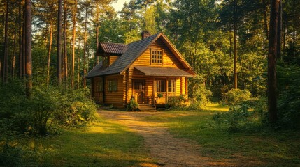 A charming wooden cottage surrounded by dense pine trees