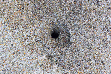 A small crab hole at the beach sand