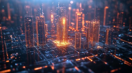 Digital Cityscape with Illuminated Buildings and Networked Infrastructure